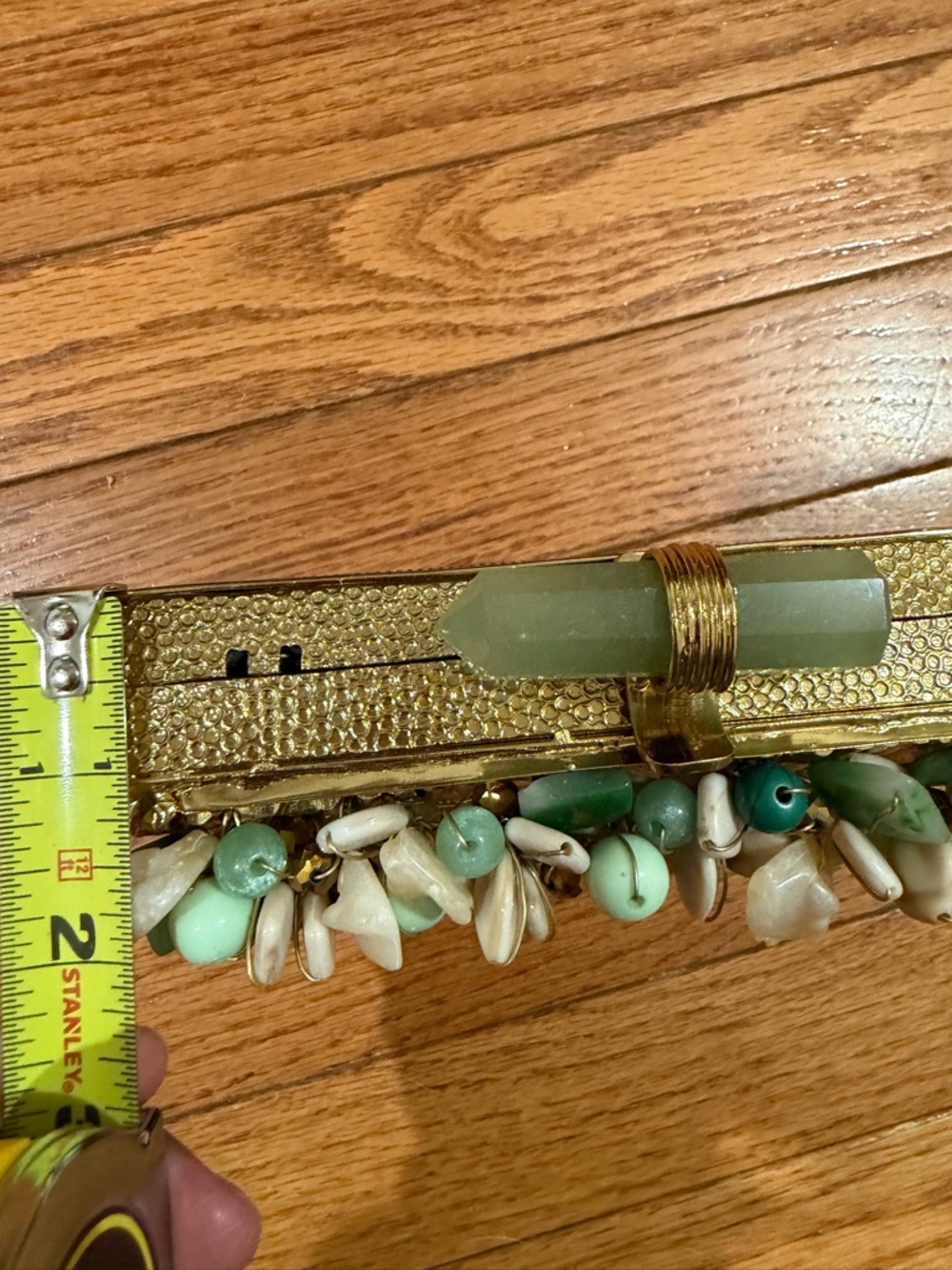 RAMLA(ZEINA)Gold Beaded Floral Accent Evening Bag - Green & Cream Embellishments - Picture 11 of 11